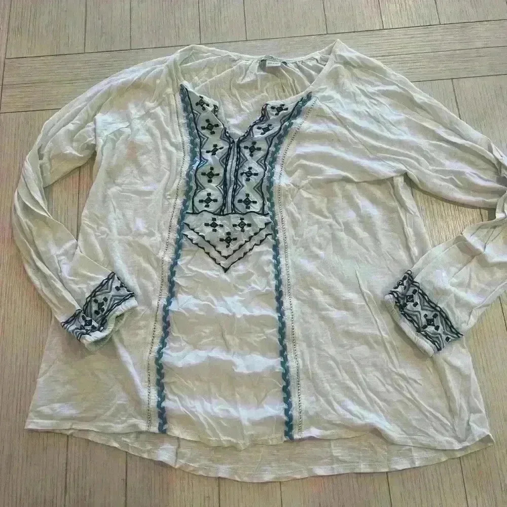 Embroidered White Peasant Blouse with Blue Accent